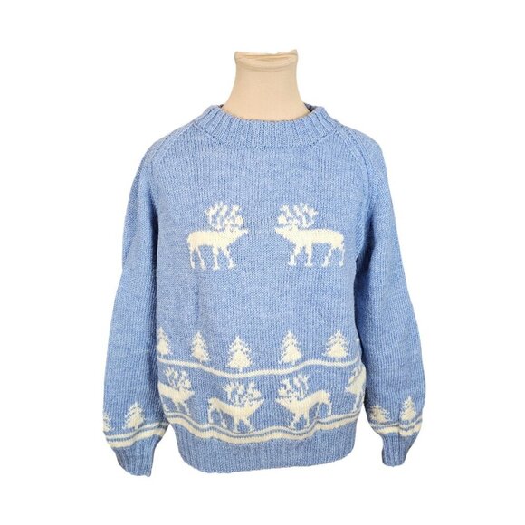 Vintage Sweaters - Vintage Light Blue and White Moose Holiday Sweater Sz L